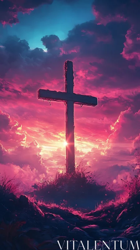 Lone wooden cross under vivid neon sunset sky.