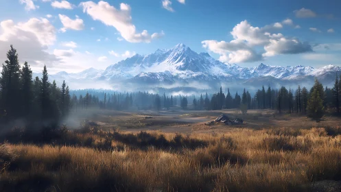 Snowcapped alpine range above misty pine valley at sunrise.
