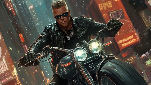 Motorcyclist in urban night setting on illuminated street.