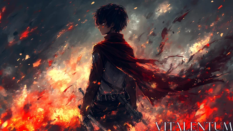 Backlit anime warrior studies burning battlefield with dynamic cape