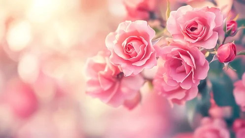Pink roses in soft focus botanical arrangement with depth