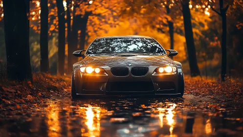 Sport coupe headlights cut through reflective autumn forest road