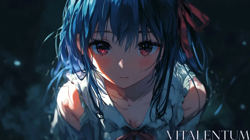 Blue haired anime girl gazes upward under low light