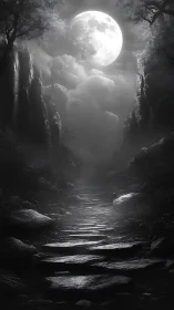 Moonlit stone path through misty forest ravine at night.