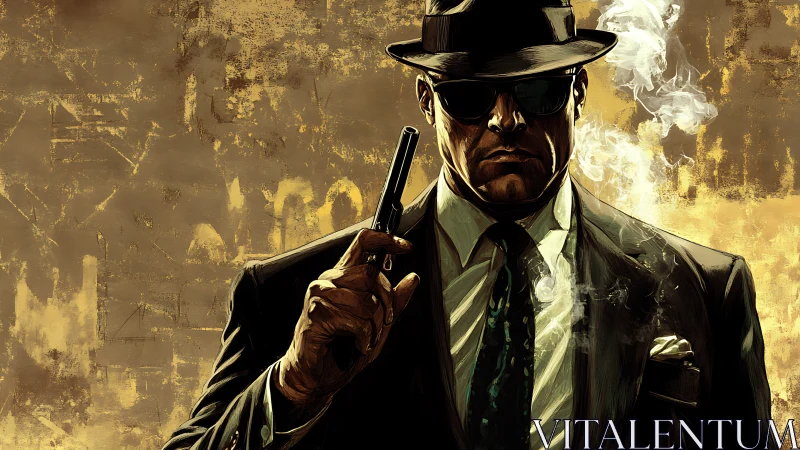 Male figure in suit holding handgun against textured backdrop.