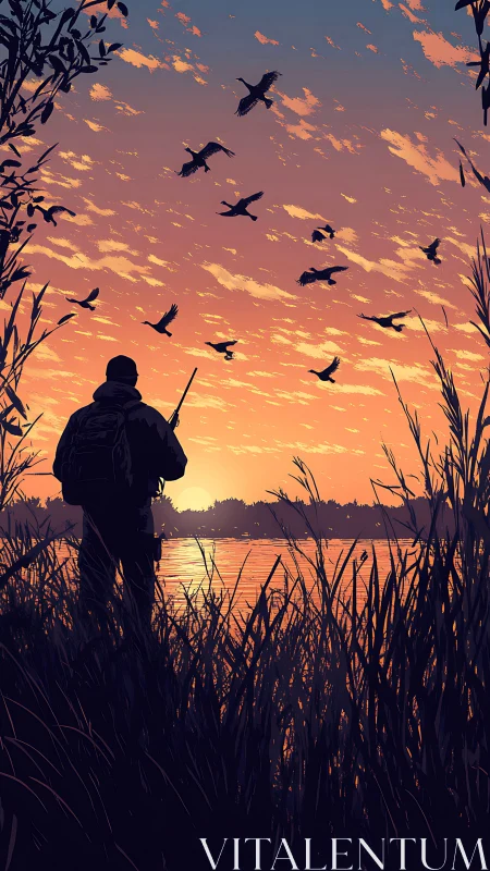 Silhouetted figure observes waterfowl over lake at sunset