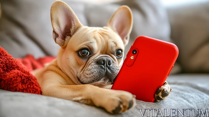 French Bulldog gazes at smartphone with curious expression.