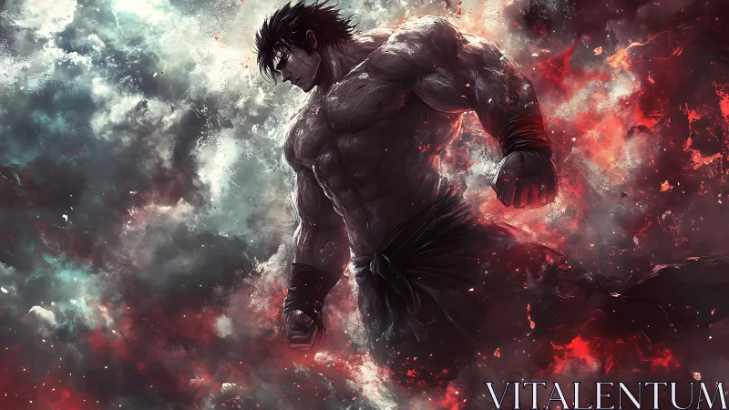 Storm-forged warrior strides through swirling fire and smoke.