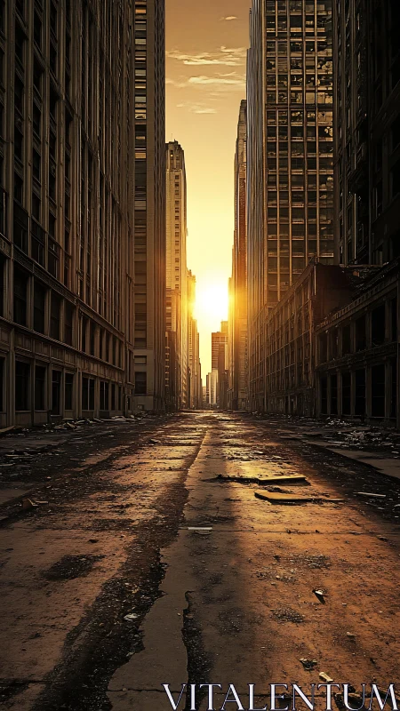 Golden sunrise warming an empty, timeworn city street.
