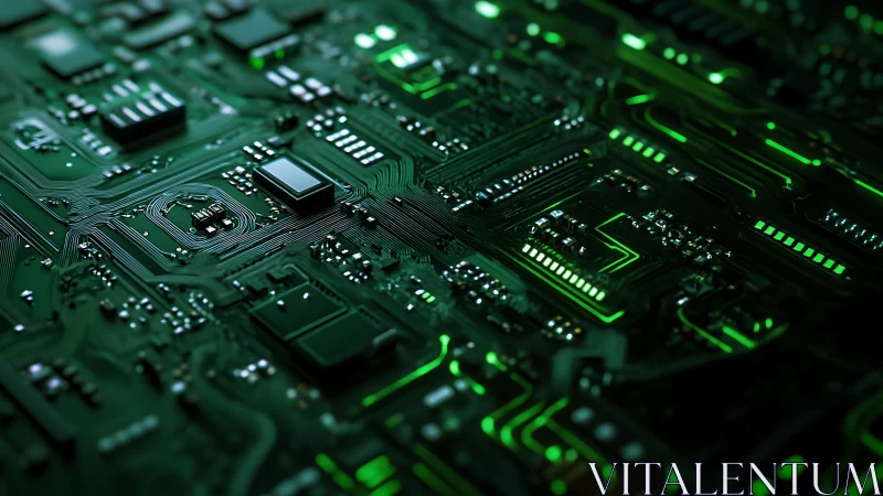 Glowing green circuit board alive with quiet digital energy.