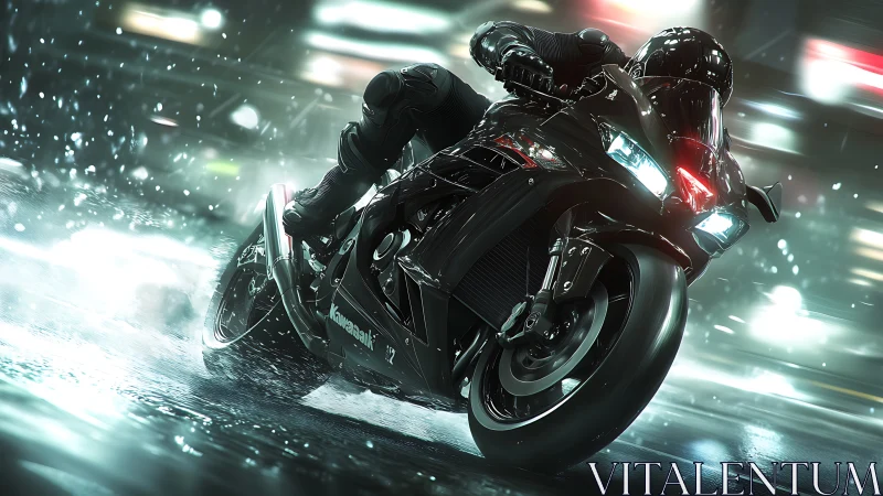 Neon rain rider carving lightning arcs through wet asphalt.