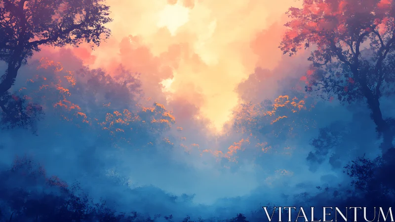 Misty Forest Valley Sunrise Breaking Through Silhouetted Trees