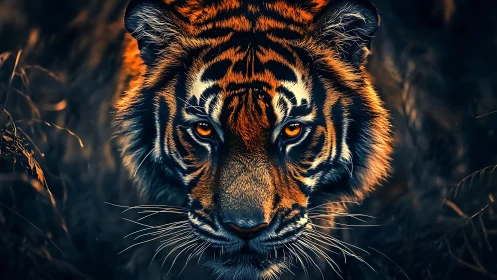 Intense digital tiger portrait with glowing amber eyes in dark brush.