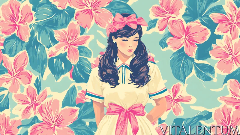 Melancholic girl stands amid bold pink tropical blooms