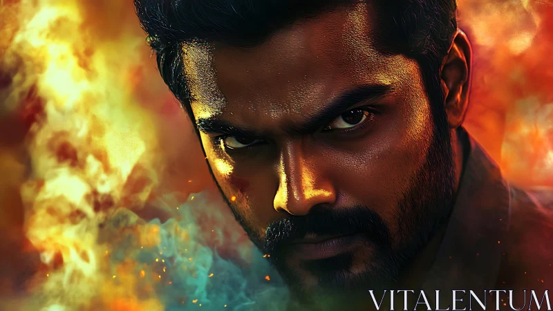 Intense fiery portrait captures a determined man in chaos