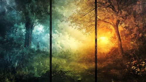 Triptych spectral forest gradient from cool dusk to solar blaze.