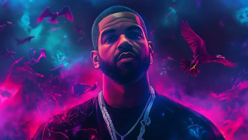 Neon-lit portrait with spectral birds in chromatic vapor field.