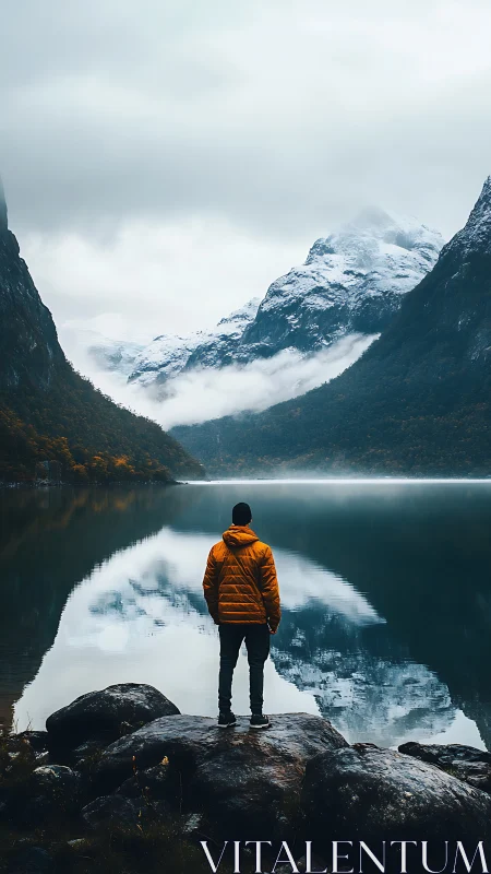 Solitary hiker in yellow jacket facing misty glacial lake