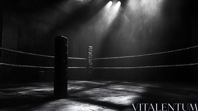 Empty boxing ring interior with directional lighting and structural posts