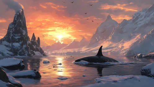 Orca cuts through icy fjord under blazing polar sunset.