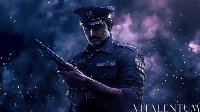 Steel-gazed police officer amid violet battle smoke.