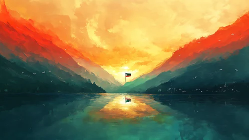 Mountain lake sunset frames solitary flag over mirror water