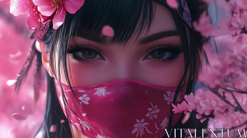 Masked woman framed by cherry blossoms in hyperreal digital style