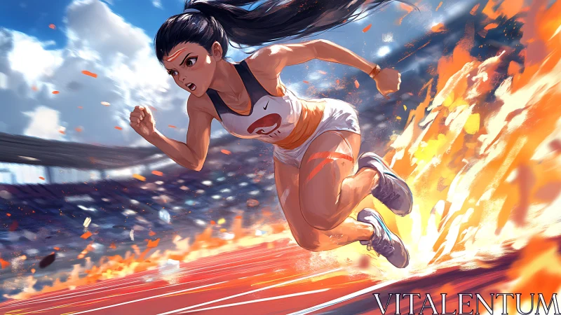 Sprinter launches through flames on dynamic stadium track.