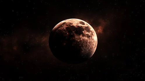 Red-illuminated cratered moon drifts through star-filled void