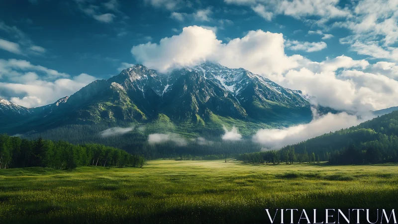 Snowcapped mountain range above green valley and low clouds.