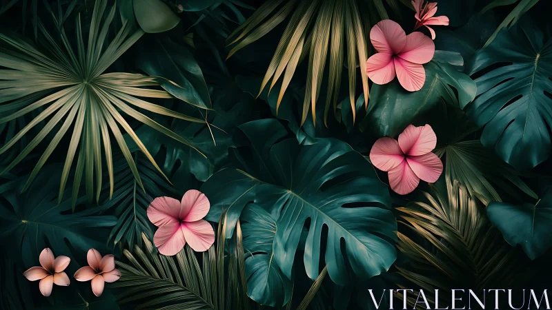 Dreamy pink blooms resting in lush, deep-green jungle leaves.