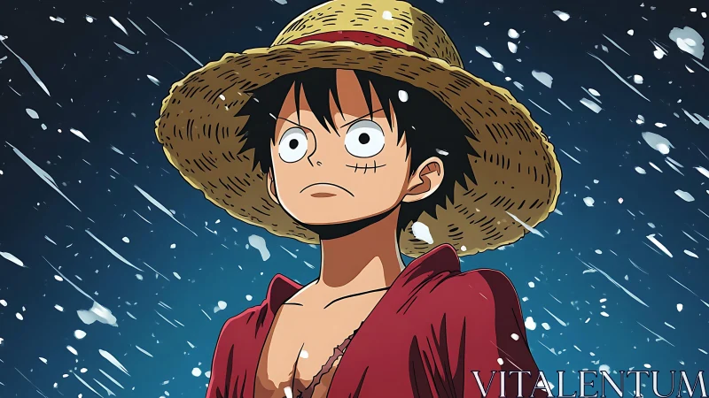 Straw hat anime character standing in snowfall at night.