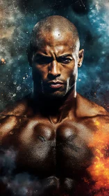 Hyperreal muscular portrait with cosmic fire and smoke field