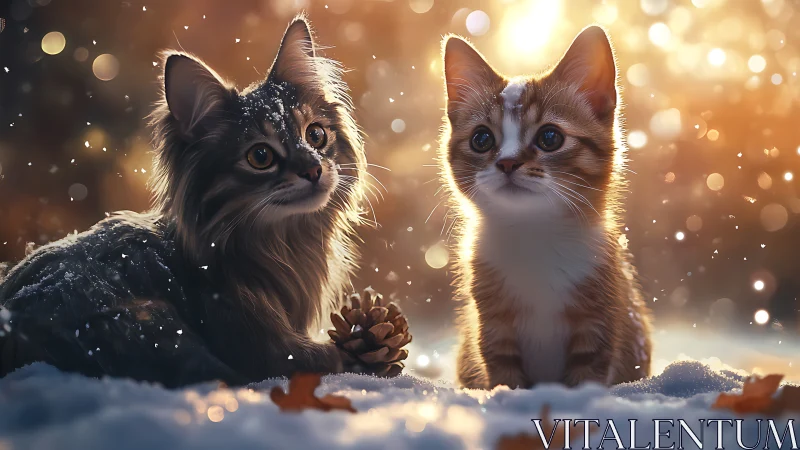 Two kittens in snow with golden light and falling particles.