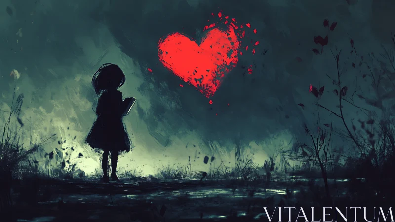 Solitary figure reaching toward fragmented red heart symbol.