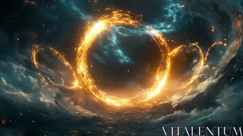 Glowing cosmic rings swirling gently above a stormy sea.