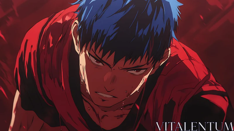 Dynamic anime close-up of intense blue-haired fighter in red.