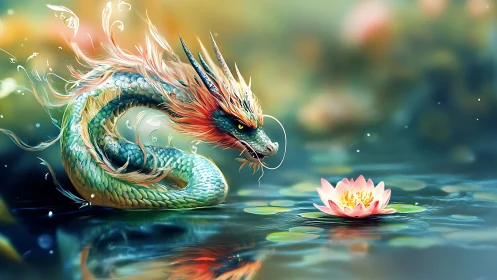 Serpentine water dragon gazes softly at a glowing lotus bloom