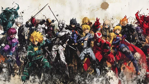 Dynamic anime hero lineup amid chaotic ink splashes.