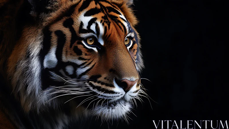 Tiger’s quiet gaze glowing against deep velvet shadow.