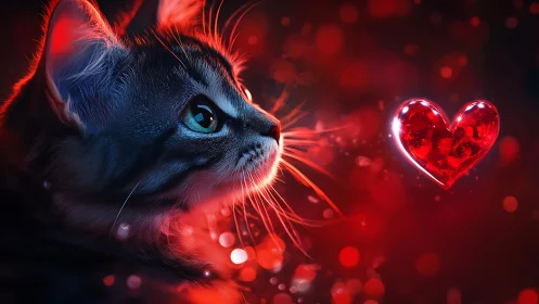 Feline Subject with Luminescent Heart Motif in Red Environment.