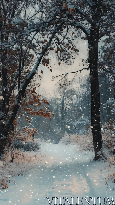 Snowy forest trail where quiet footsteps meet falling light.