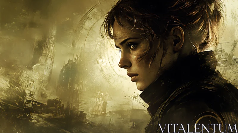 Futuristic soldier studies ruined city in golden haze.