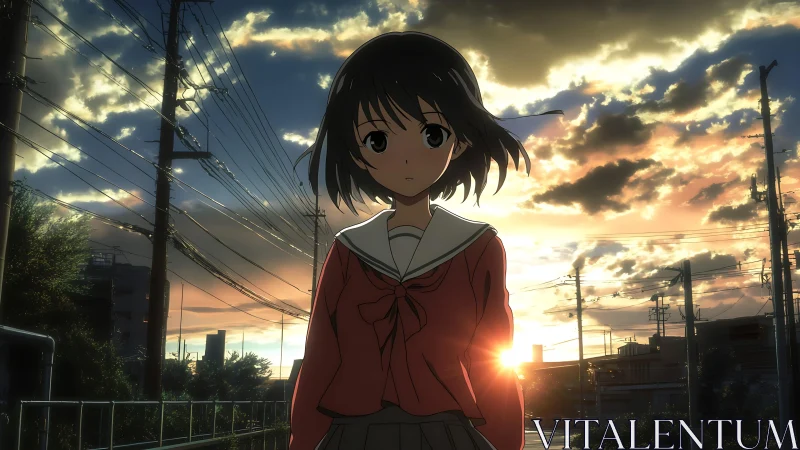 Backlit anime schoolgirl in urban utility corridor at sunset.