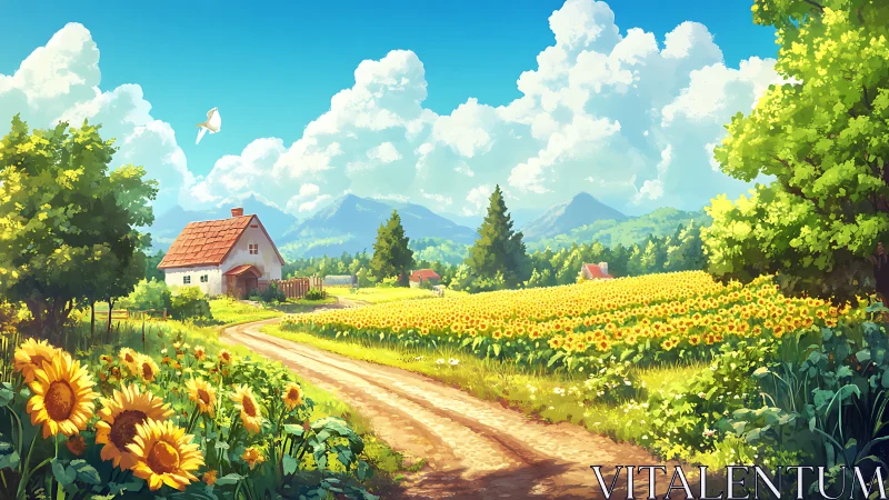 Summer sunflowers guard a winding path to a storybook cottage.