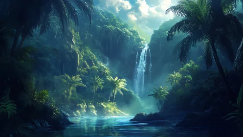 Tropical Waterfall in Jungle Canyon with Limestone Cliffs.