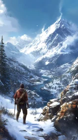 Mountain Explorer Overlooks Snow-Capped Alpine Valley.