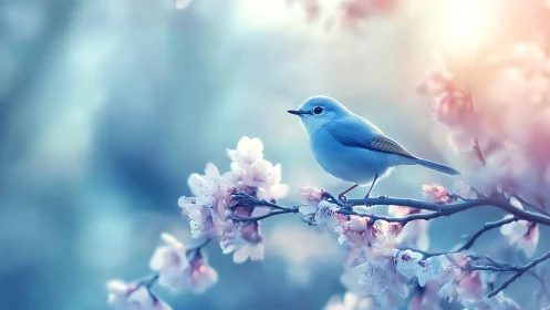 Cerulean songbird perched among spring's delicate blooms.