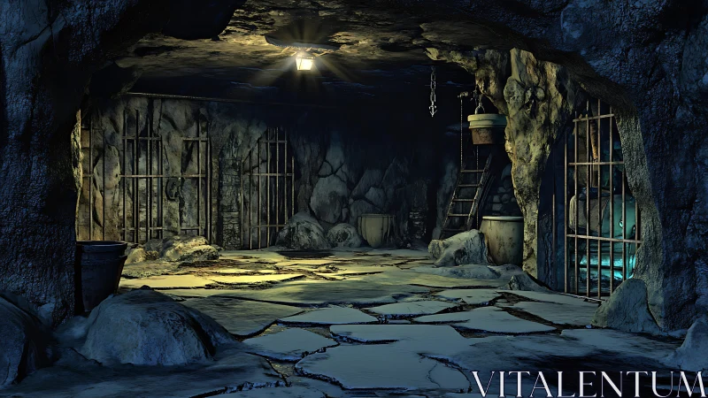 3D subterranean prison chamber with uneven rock architecture.