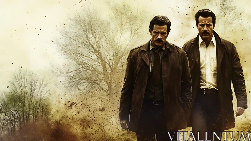 Weathered detectives stride through a storm of quiet ruin.